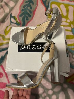 BAMBOO Silver Metallic Block Heel Ankle Strap Sandals